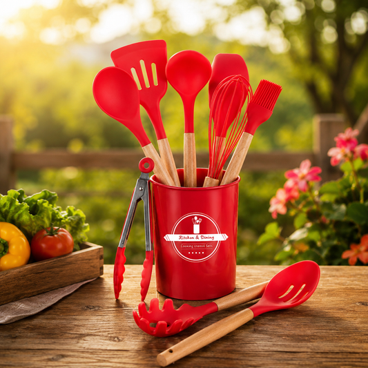 12-Piece Silicone Kitchen Cookware Set with Wooden Handles and Storage Box