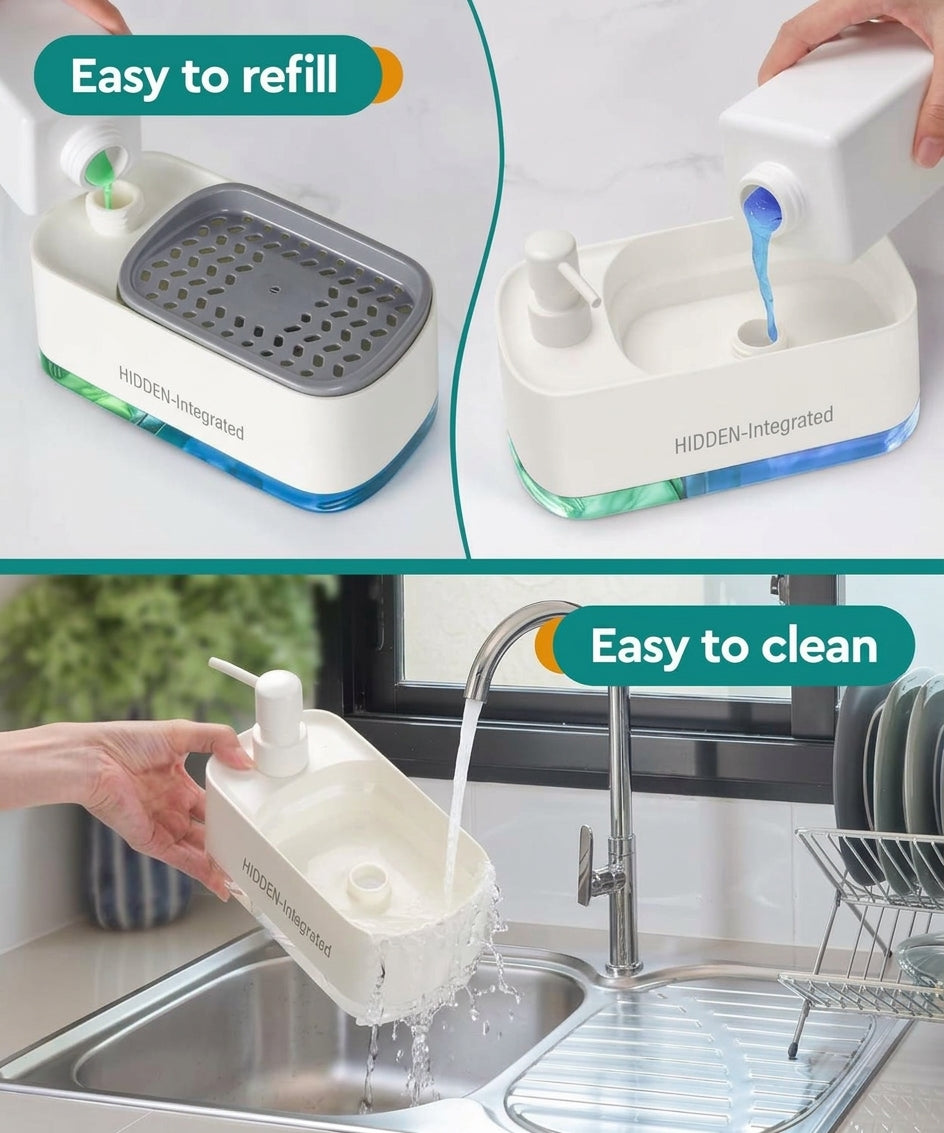 2-in-1 Liquid Soap Dispenser with Sponge Holder for Kitchen Sink