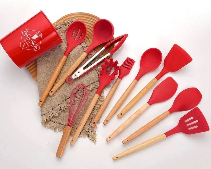 12-Piece Silicone Kitchen Cookware Set with Wooden Handles and Storage Box