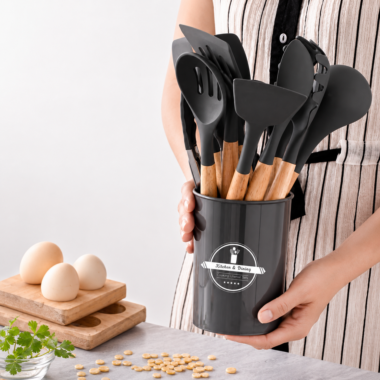 12-Piece Silicone Kitchen Cookware Set with Wooden Handles and Storage Box