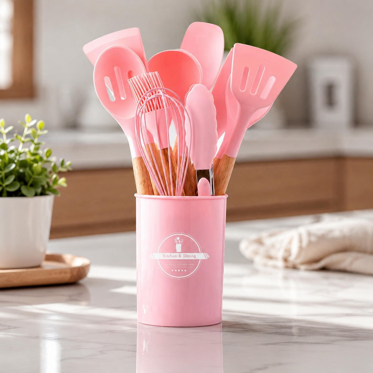 12-Piece Silicone Kitchen Cookware Set with Wooden Handles and Storage Box