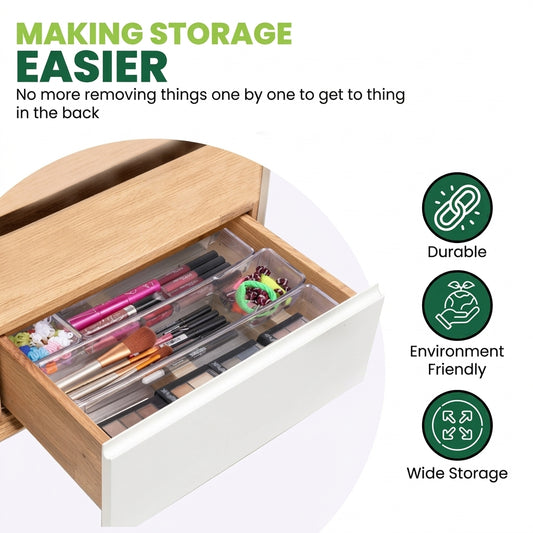7 Pcs Clear Drawer Organizer Bins – 4 Various Sizes Multipurpose Desk & Vanity Storage