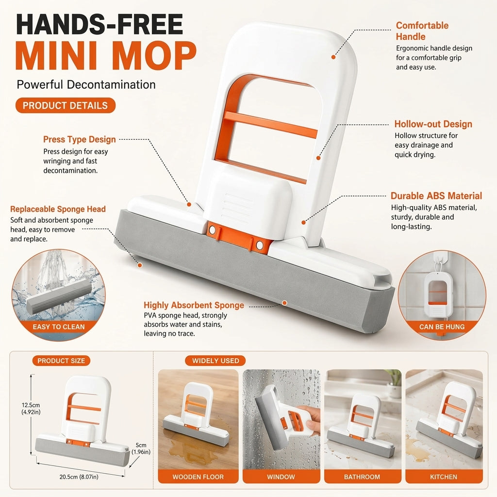 3-in-1 Hands-Free Mini Squeegee Mop – Compact Cleaning Mop for Countertops, Windows & Tiles