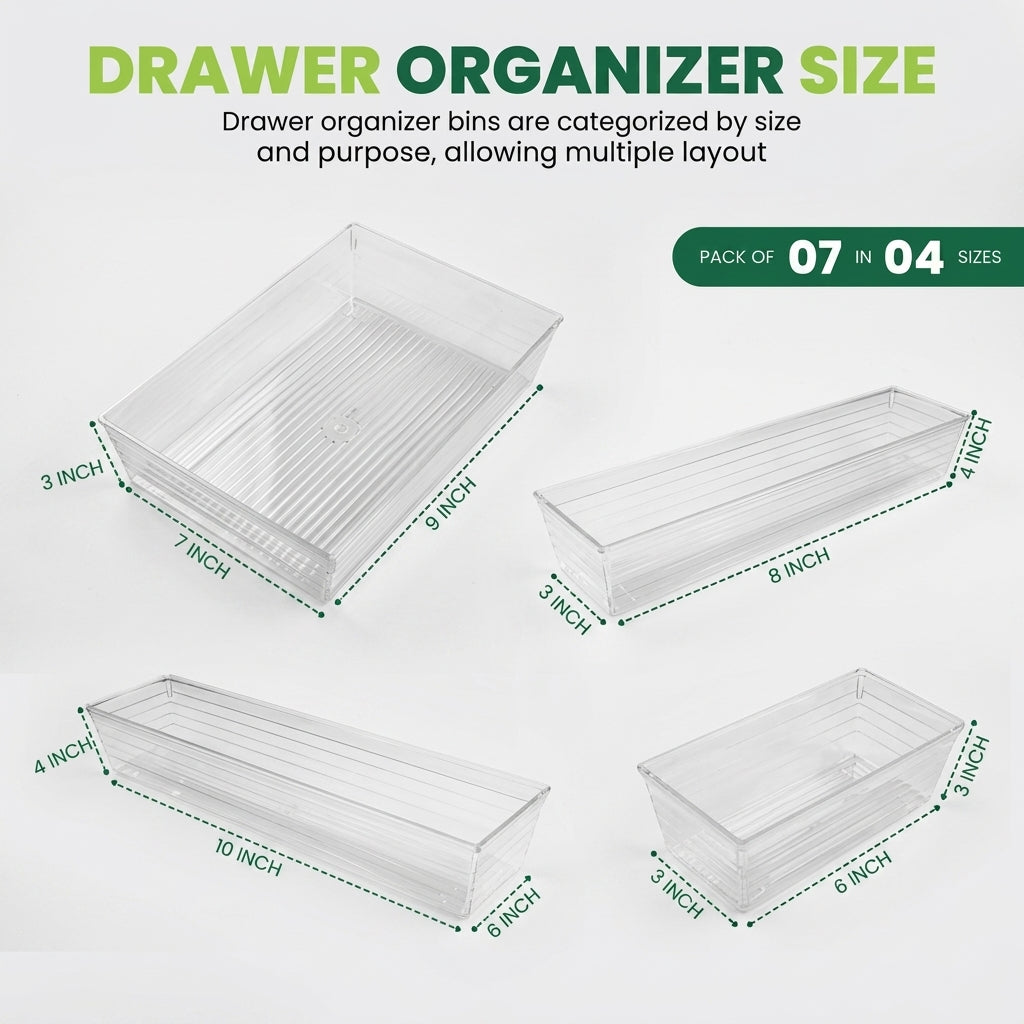 7 Pcs Clear Drawer Organizer Bins – 4 Various Sizes Multipurpose Desk & Vanity Storage