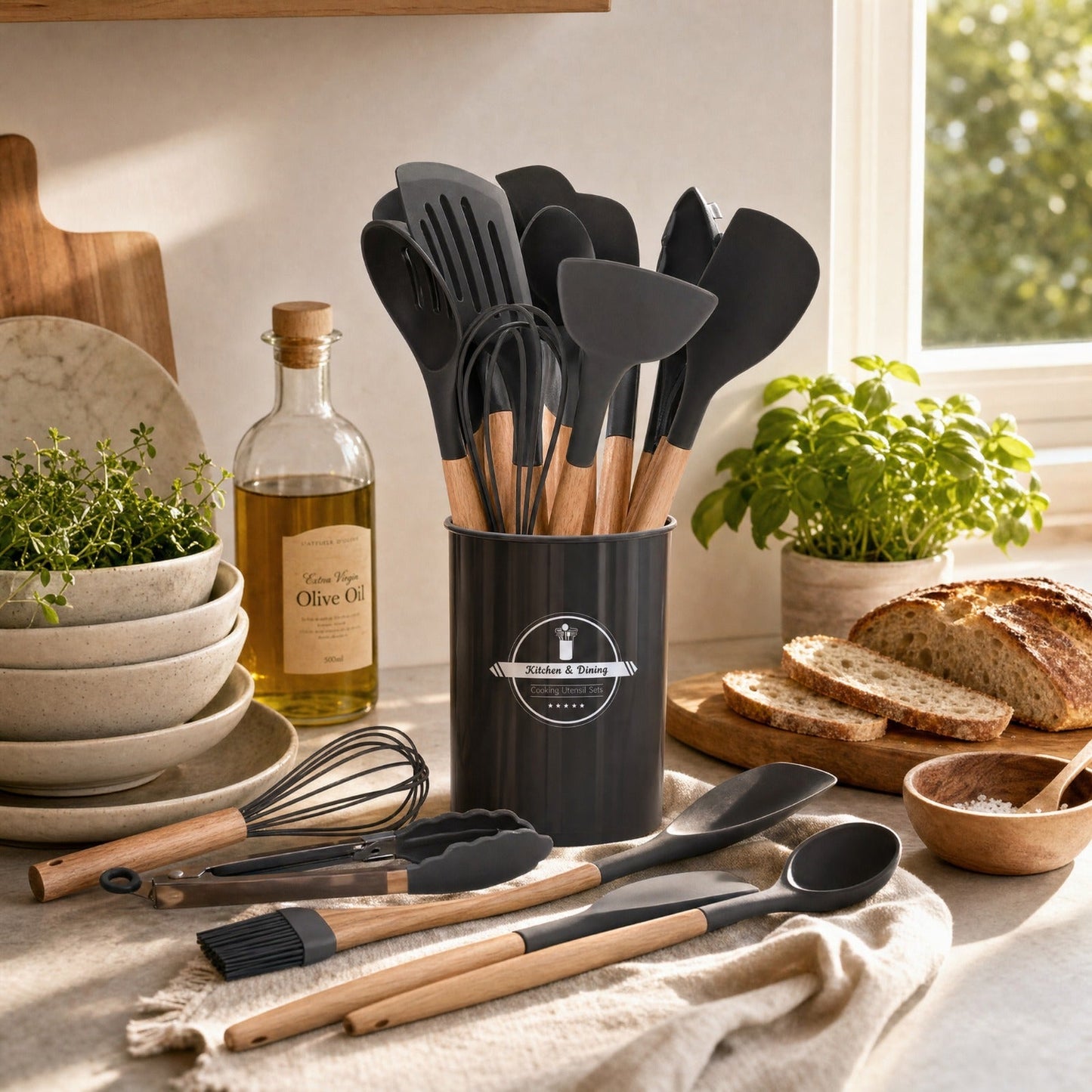 12-Piece Silicone Kitchen Cookware Set with Wooden Handles and Storage Box