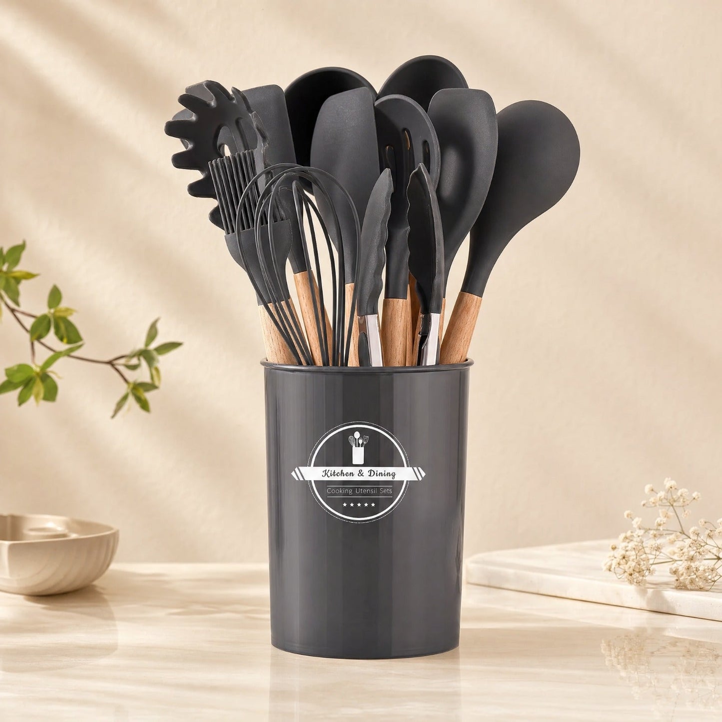 12-Piece Silicone Kitchen Cookware Set with Wooden Handles and Storage Box