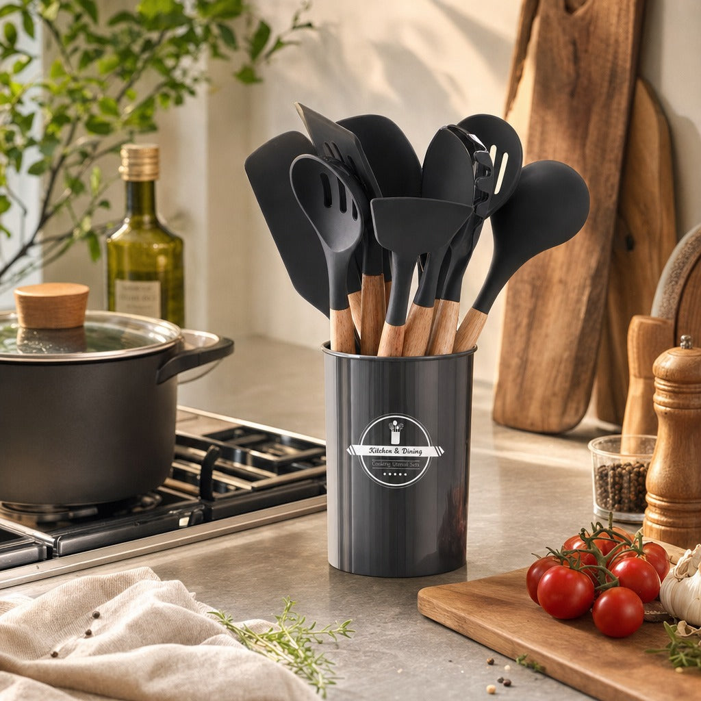 12-Piece Silicone Kitchen Cookware Set with Wooden Handles and Storage Box