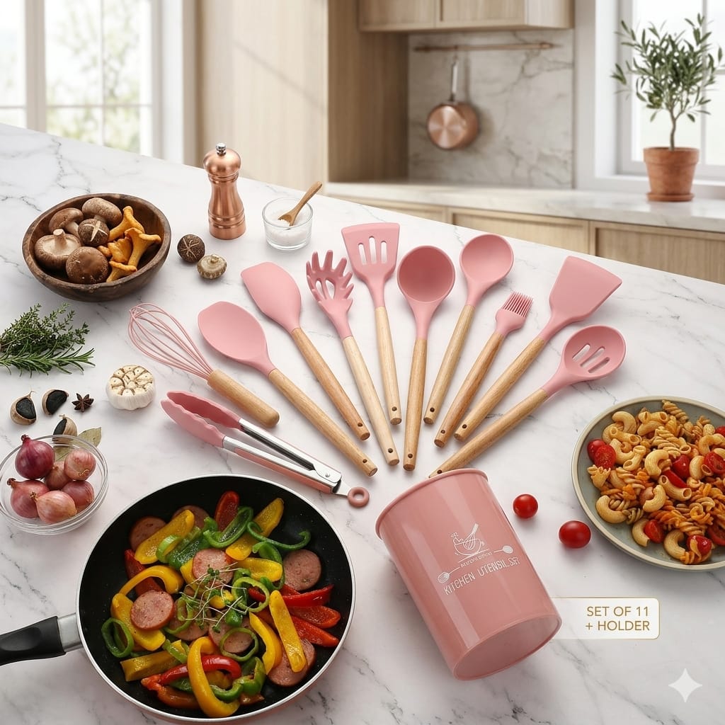 12-Piece Silicone Kitchen Cookware Set with Wooden Handles and Storage Box