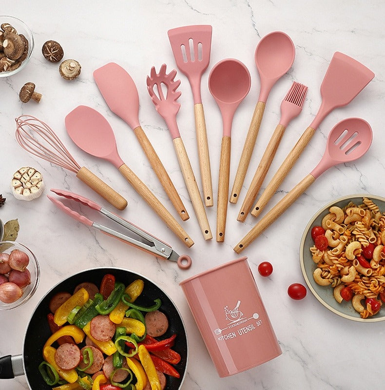 12-Piece Silicone Kitchen Cookware Set with Wooden Handles and Storage Box