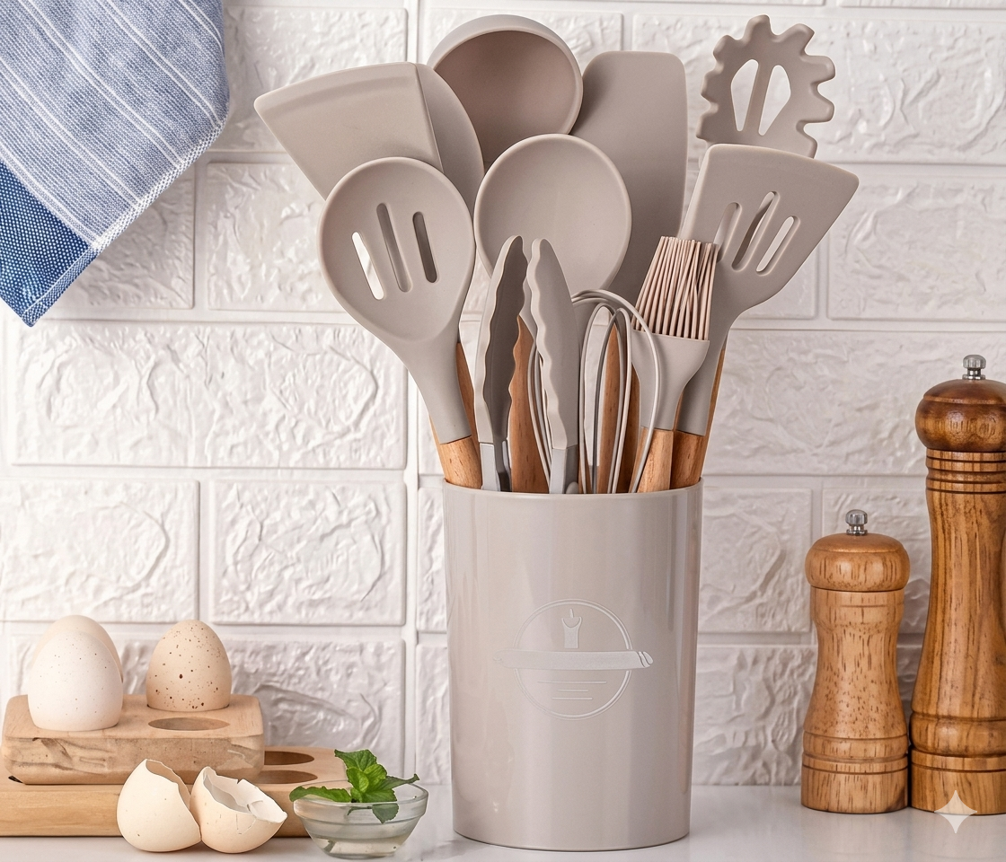 12-Piece Silicone Kitchen Cookware Set with Wooden Handles and Storage Box