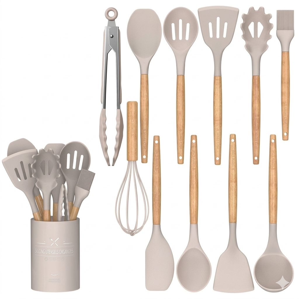 12-Piece Silicone Kitchen Cookware Set with Wooden Handles and Storage Box