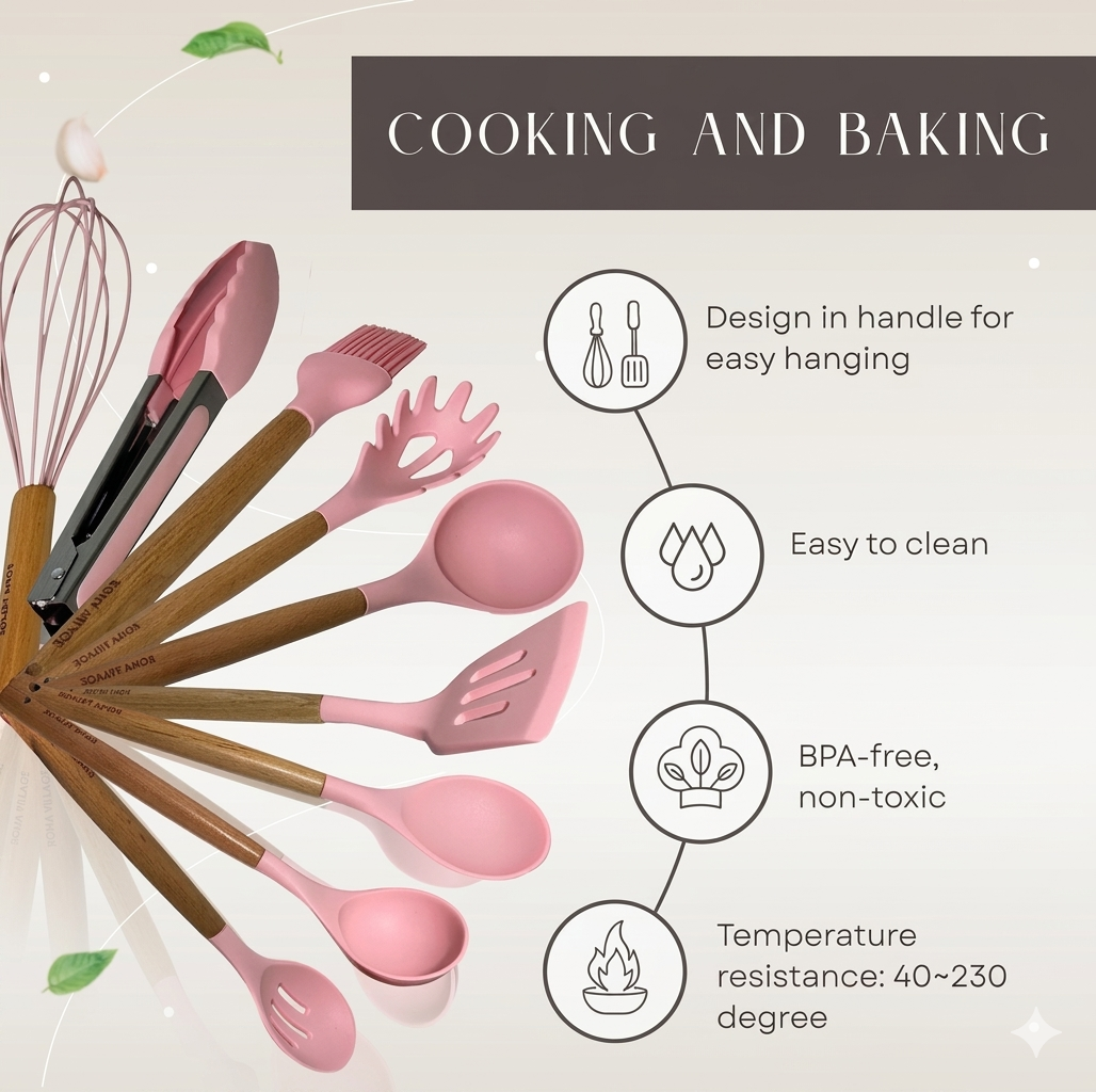 12-Piece Silicone Kitchen Cookware Set with Wooden Handles and Storage Box